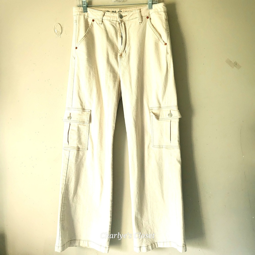 S.O.N.G. Cargo Street Jean 13/31L Cream Wide Leg Stretch Utility Grunge Skater